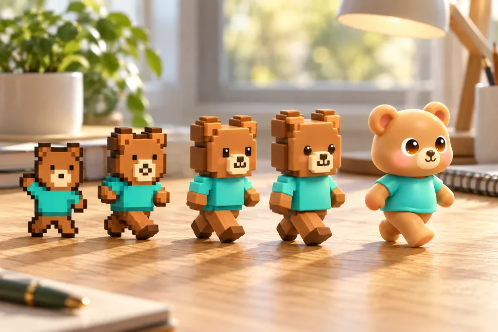 Da pochi pixel al tutto tondo: l’evoluzione dell’orsetto WPixo