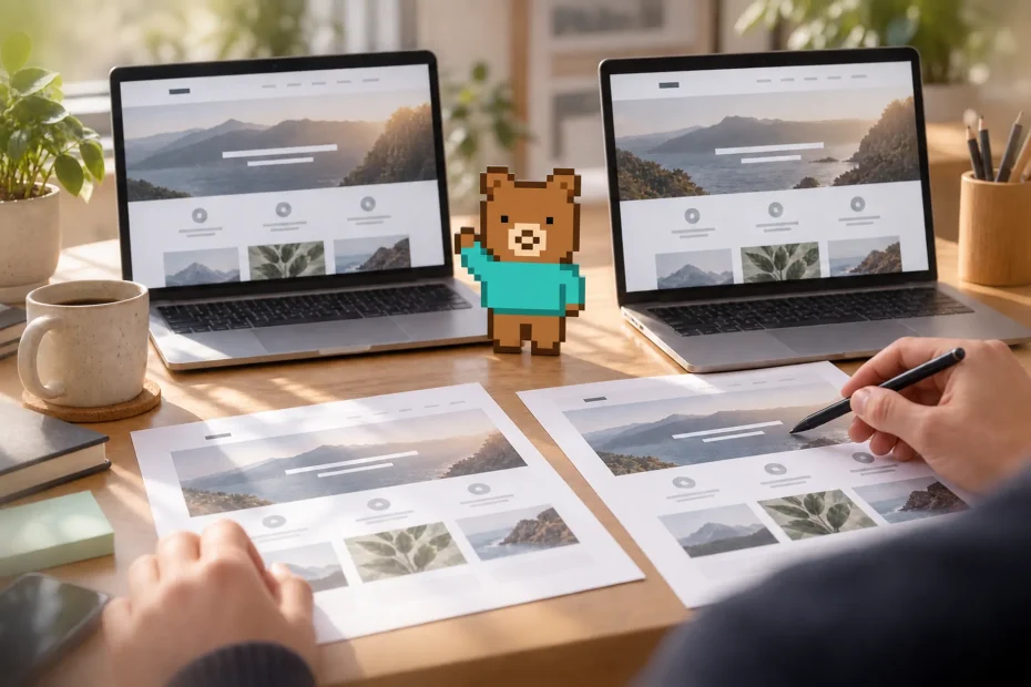 Orso pixel 2D di WPixo tra due siti web simili sulla scrivania di un professionista.